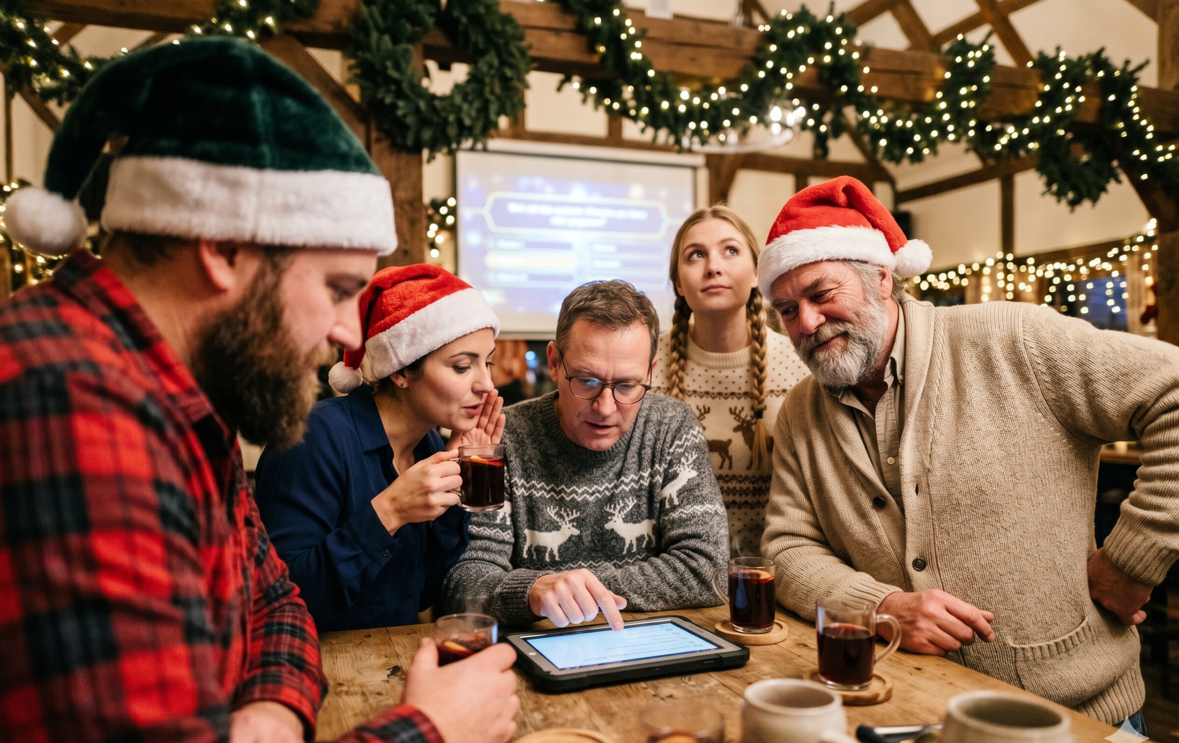 Weihnachts-Quizshow: Tablet während des Teamevents
